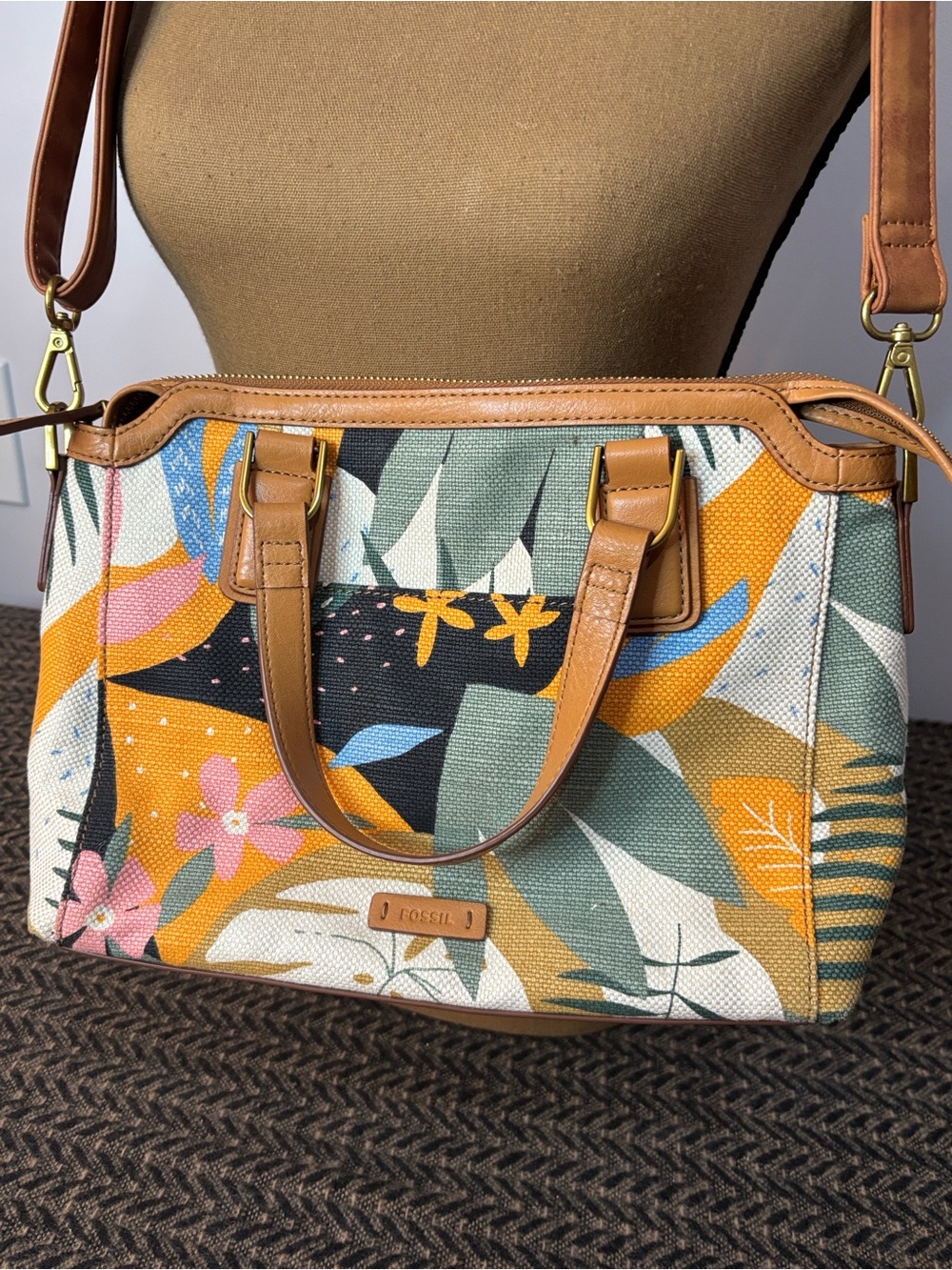 Fossil Multicolor Floral Canvas Satchel with Tan Leather Trim